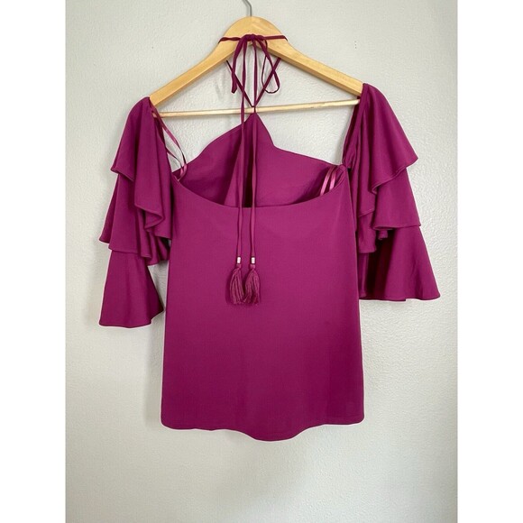 NWT WHBM Berry Fuchsia Ruffle Cold Shoulder Halter Strapless Top Womens Size 8 - Picture 7 of 10